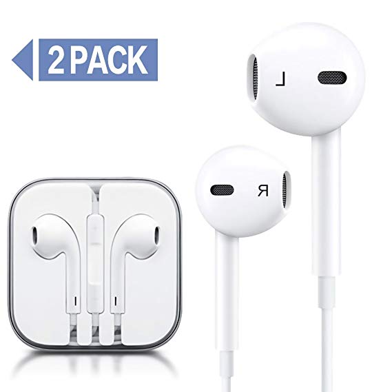 Earphones with Microphone [2 Pack] Premium Earbuds Stereo Headphones and Noise Isolating Headset Control for iPhone iPod iPad Samsung Galaxy S7 S8 and Android Phones (White)