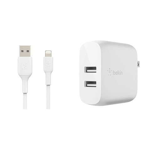 Belkin BoostCharge Lightning Cable - 6.6ft/2M - MFi Certified Apple iPhone Charger USB & 24W Dual Port USB Wall Charger - iPhone Fast Charging - USB Charging Block for Power Bank