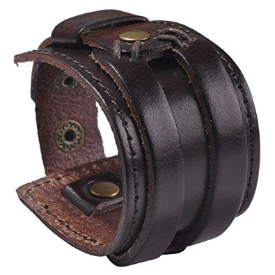 Zysta Punk Gothic Mens Genuine Leather Wristband Cuff Bangle Bracelet 7.5"-8.5" Black Brown