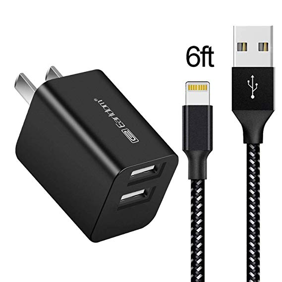 Phone Charger Adapter 6.6ft Cable Compatible iPhone XR/XS/MAX/X /8/8 Plus /7/6 /6s /6s Plus 5S 5 5C SE, iPad Pro Air Mini,Dual Port Travel Wall Charger Block and USB Data Sync Cord