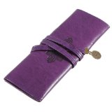 Purple Vintage Style Rollup Pencil Case Pencil Bag Pen Pocket - PU Leather