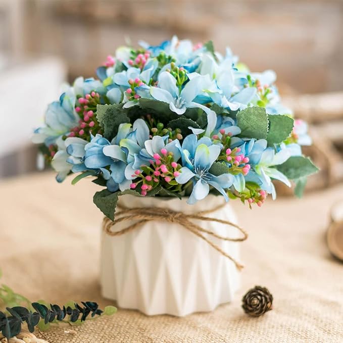 Artificial Flowers Fake Flowers Silk Rose Bouquets Decoration with Ceramics Vase for Table Home Office Wedding (Light Blue Petals)