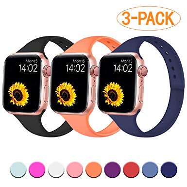R-fun Slim Bands Compatible with Apple Watch Band 40mm Series 4 38mm Series 3/2/1, 3 Pack Soft Silicone Sport Strap Wristband for Women Men Kids with iWatch, Black/Midnightblue/Papaya