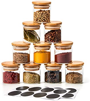 EZOWare 10 Bottles Glass Jar Set, Extra Small Air Tight Canister Storage Containers with Natural Bamboo Lids and Chalkboard Labels for Kitchen Spices, Bathroom, Party Favors (70ML)