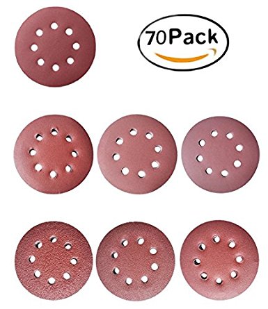 70 Pcs Sanding Discs Sandpaper in 5 Inch By Garloy,Assorted 40 60 80 120 180 240 320 Grits For Power Random Orbit Sanders With 8 Hole Hook and Loop