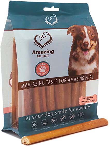 6 Inch Thin Steer Bully Sticks (25 pcs/pk) - Premium Bully Sticks - Thin Long Lasting Dog Chews - 100% All-Natural Beef Bully Bones for Puppies and Small Breeds
