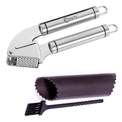 Integrity Collection - Stainless Steel Garlic Press Kit - Crushes Easily - Silicone Peeler Tube - Professional Chef Quality with Cleaning Brush - Best Mincer Set for Garlic Cloves and Ginger