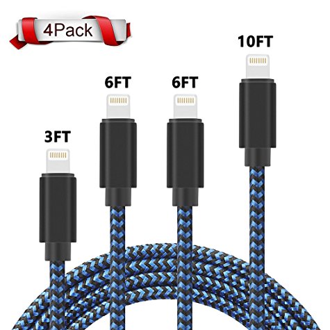 Xpener iPhone Cable, 4Pack 3FT 6FT 6FT 10FT Nylon Braided 8 Pin iPhone Lightning Charger to USB Cable Compatible with iPhone X, iPhone 8/8 Plus/7/7 Plus/6s/6s Plus/6/6 Plus/iPad (Blue)