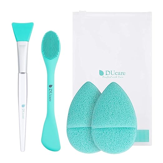 DUcare Silicon Face Mask Brush Manual Facial Cleansing Brushes 4PCS Sponges Face Pad Puff DIY Face Mixing Tool Kit Green