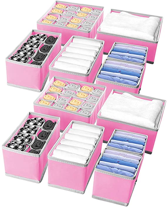 12 Pack Foldable Drawer Organizers, Storage Boxes, Closet Dresser Drawer Organizer Dividers Fabric Containers Basket Bins for Underwear Bras Panties Ties Socks Baby Cloth (Pink)
