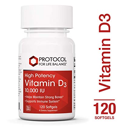 Protocol For Life Balance - Vitamin D3 10,000 IU - High Potency - Supports Calcium Absorption, Bone and Dental Health, Immune System Function, Nervous System, Cognitive Function - 120 Softgels