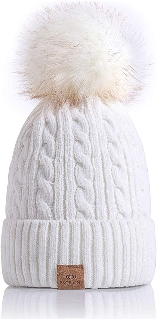 PAGE ONE Women Winter Pom Pom Beanie Hats Warm Fleece Lined,Chunky Trendy Cute Chenille Knit Twist Cap