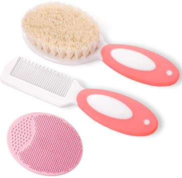 Baby Hair Brush and Comb Set for Newborns & Toddlers | Natural Soft Goat Bristles | Ideal for Cradle Cap | Perfect Baby Registry Gift (Pink)