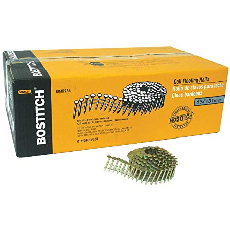 BOSTITCH CR3DGAL 1-1/4-Inch Smooth Shank 15 Inch Coil Roofing Nails, 7,200-Qty.