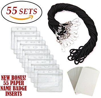 ID Badge Holders & Lanyards, 55 sets, Black Lanyard and Horizontal Name Tags Hole Punched Zipper Waterproof Resealable Clear Plastic Labels Credit Card Holder For Employees Heavy Duty Pair