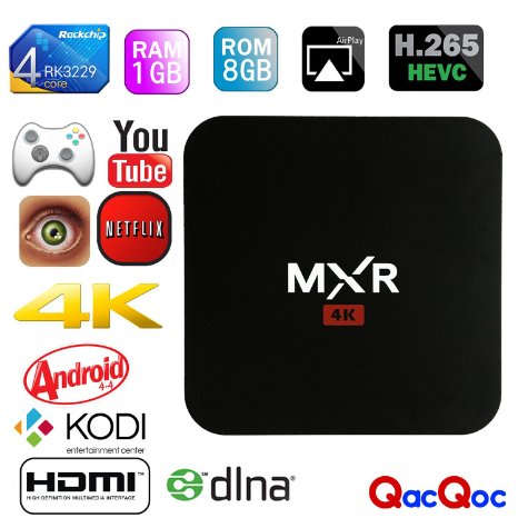 QacQoc MXR 4K Quad Core Android 4.4 Tv Box RK3229 with 1G / 8G Wifi Kodi 15.2 Fully Loaded Support H.265 Video Decoder LAN Miracast Video Playback Streaming Media Player