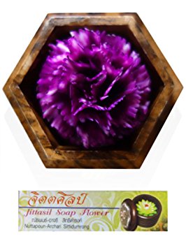 Jittasil Thai Hand-Carved Soap Flower, 4" Scented Soap Carving Gift-Set, Purple Carnation In Decorative Hexagonal Pine Wood Case