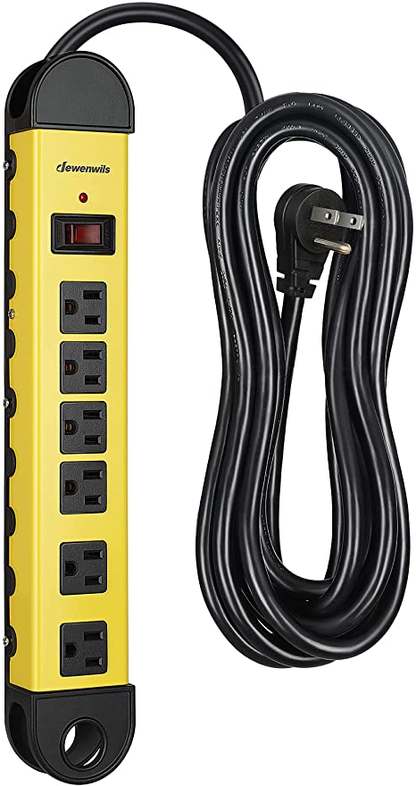 DEWENWILS Metal Power Bars with Surge Protector, 6-Outlet Heavy Duty Power Strip with 15FT Long Extension Cord, 14AWG/3C, 1800W/15A, 900 Joules, Low Profile Flat Plug, Wall Mountable, UL Listed