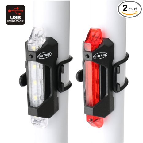 Outair USB Rechargeable Bicycle Light Front And Tail Set 5 LEDs 4 Modes Head Back Bike Flashing Safety Warning Lamp Fit For All Cycling Pack Of 2