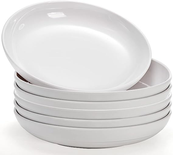 Fasmov Melamine Pasta Bowls, 6 Pack 10 inches 47 Oz Large Salad Serving Bowls, Shallow Salad Bowls, Plastic Dinner Deep Plates, Dishwasher Safe, White