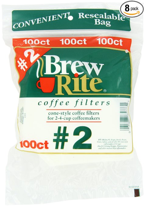 Brew Rite #2 Cone Coffee Filters, White Paper, 100-Count Bags (Pack of 8)