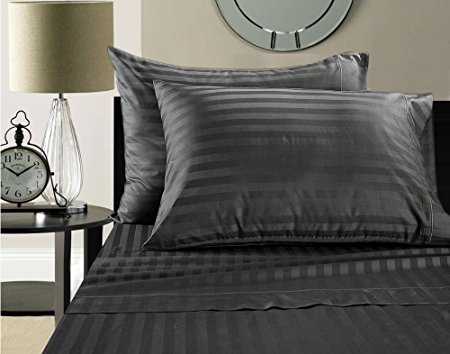Luxury 100% Egyptian Cotton 500 Thread Count Damask Stripe Sheet Set (QUEEN, CHARCOAL)
