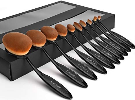 GPCT 10 Pieces Professional [High Quality] Soft [Oval-Shaped] Vegan Makeup Brushes Set- Foundation Powder/Blush Brush/Eye Shadow/Concealer/Lip/Eyeliner Toothbrush Curve Tools- Face/Eyes (Black/Gold)