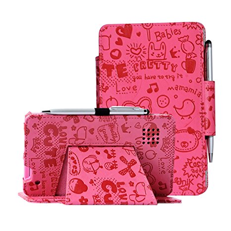 RCA 7 VOYAGER II CASE, Slim Folio PU Leather Case (RCT6873W42 & RCT6773W42BF) by i-UniK w/Bonus Stylus Pen (Cute Pink)
