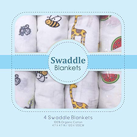 Muslin Swaddle Blankets - Soft Silky 100% Muslin Cotton Swaddle Blanket for Baby, Large 47 x 47 inches, Set of 4- Monkey, Bee, Ziraf & Watermelon Print in White Pattern