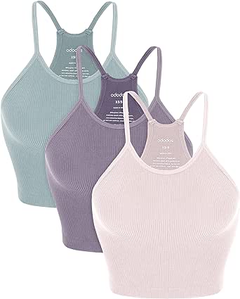 ODODOS Women's Crop 3-Pack Washed Seamless Rib-Knit Camisole Crop Tank Tops