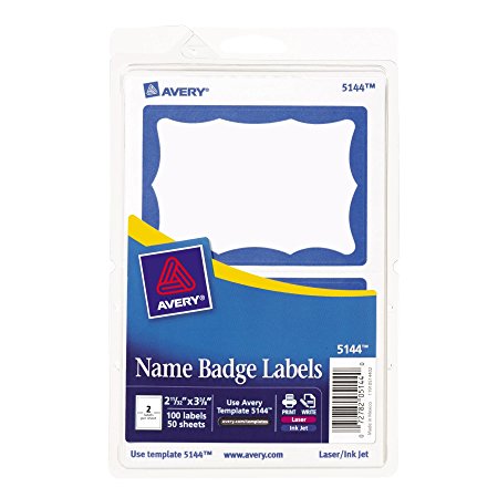 Avery Blue Border Print or Write Name Badge Labels, 2.34 x 3.37 Inches, Pack of 100 (5144)