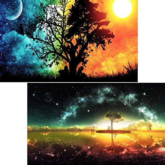 Yomiie 5D Full Drill Diamond Painting by Number Kits Sunrise and Sunset & Starry Sky Tree for Kids Adults, Tree of Life Paint with Diamonds Embroidery Cross Stitch Set DIY Craft (12x16inch, 2 Pack)