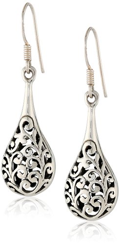 925 Oxidized Sterling Silver Bali Inspired Filigree Puffed Raindrop Dangle Hook Earrings