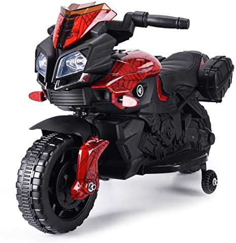 JAXPETY Kids Ride On Motorcycle 6V Toy Battery Powered Electric 4 Wheel Power Bicyle New (Lacquer Red- Spider Man)