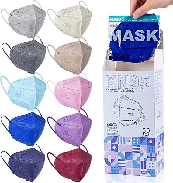 PAGE ONE 10 Colors KN95 Face Masks for Adults 50 Pack Disposable Masks, 5-Layer Breathable Cup Dust Face Mask,Filter Efficiency 95%