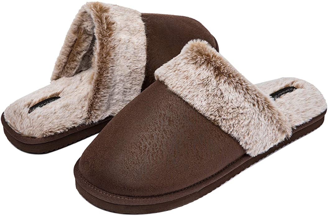 WOTTE Women's Faux Fur House Slippers Scuff Furry Memory Foam Slip On for Indoor