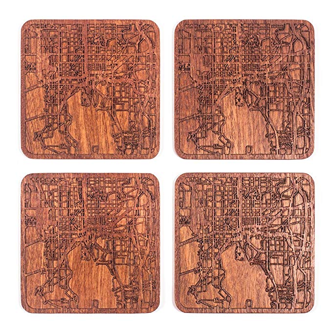 Tampa Map Coaster, Set of 4, Sapele Wooden Coaster with City Map, Handmade