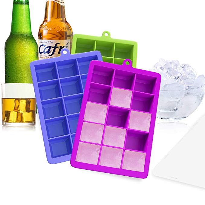 Ouddy 3 Pack Ice Cube Trays, Easy Release Ice Tray Make 45 Square Ice Cubes, Silicone Ice Cube Tray Fit Whiskey Storage, Cocktail, Beverages, Suit Dishwasher, BPA Free