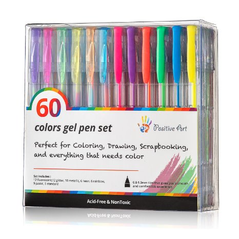 Positive Art 60-Color Gel Pen Set - Great Pens For Scrapbooking, Adult Coloring Books, Drawing - Standard, Glitter, Metallic, Neon, Rainbow & Pastel - Long Lasting, Non-Toxic, Acid-Free Ink (60-Piece)
