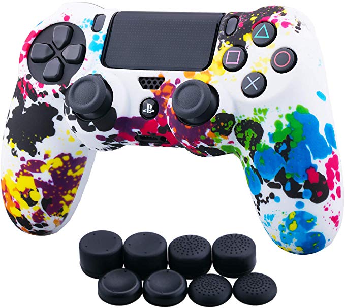 YoRHa Water Transfer Printing Camouflage Silicone Cover Skin Case for Sony PS4/slim/Pro Dualshock 4 Controller x 1(graffiti) With Pro thumb grips x 8