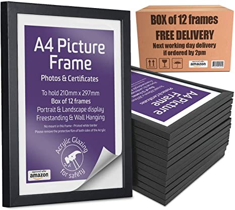 12 Black A4 Picture Frames, Certificate Frames, Freestanding and Wall Mountable