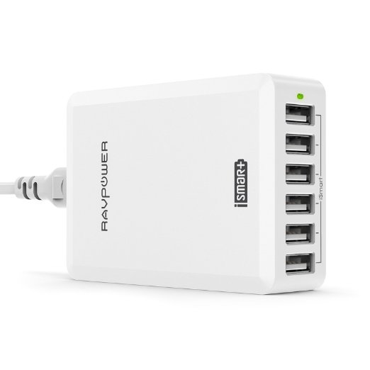 USB Charger RAVPower 50W 10A 6-Port Desktop Wall Charger Charging Station with iSmart Technology for iPhone iPad Samsung Galaxy Google Nexus Motorola HTC LG Nokia Lumia and More White