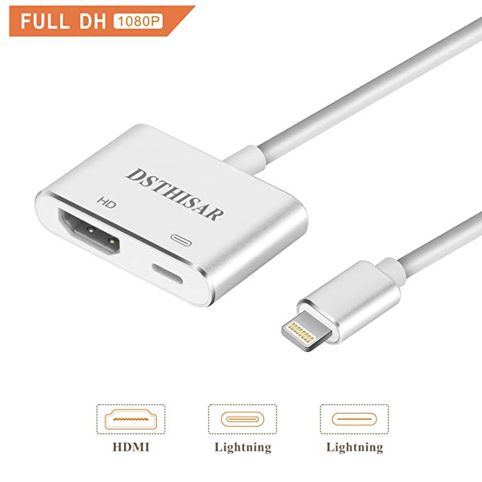 Compatible with iPhone X Xs 8 7 6 5 iPad iPod HDMI Adapter Converter, Digital AV Adapter, 2018 Latest Plug and Play 1080P Audio AV Connector 2 in 1(Sliver)
