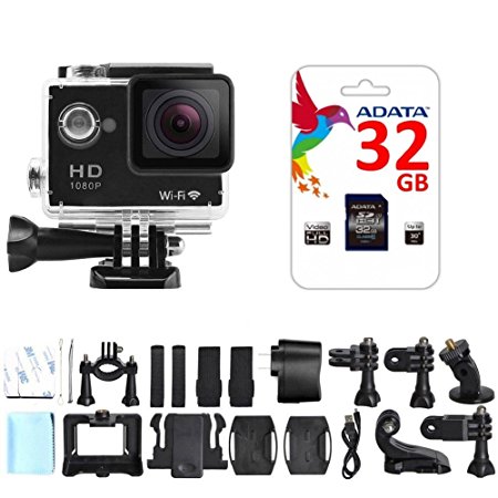 Best Waterproof Action Camera with 32 GB Micro SD HC Memory Card Large 2 Inch Display, Wide 170 Degree Angle Lens, WiFi and Full HD 1080P (12MP, HDMI Output and a 18 Piece Sport Accessory Kit)