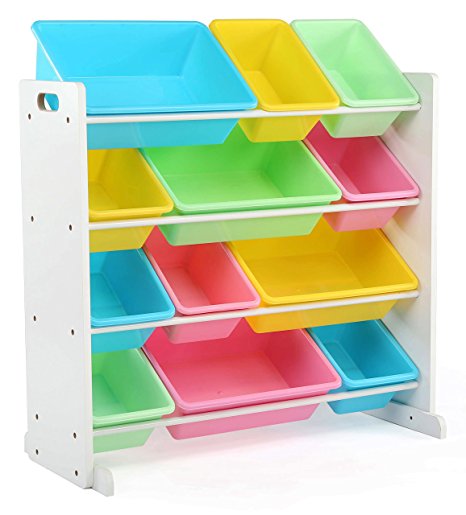 Tot Tutors Kids' Toy Storage Organizer with 12 Plastic Bins, White/Pastel (Pastel Collection)