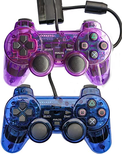 Bowink 2 Packs Wired Gaming Controllers for Ps2 Double Shock - Blue   Purple