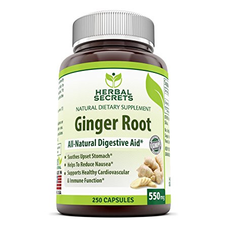 Herbal Secrets Ginger Root 550mg 250 Capsules- Soothes Upset Stomach*- Helps to Reduce Nausea*- Supports Healthy Cardiovascular & Immune Function*