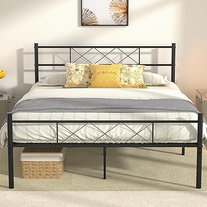 VECELO Queen Size Platform Bed Frame with Headboard, Heavy-Duty Mattress Foundation with Strong Metal Slats, No Box Spring Needed, Easy Assembly, Black