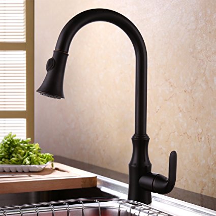 KES Kitchen Faucet Pulldown Spray Single Handle Traditional Style Single Hole Bar Sink Water Mixer Tap with Pull Down Sprayer Swivel High Arc Gooseneck Spout, Oil Rubbed Bronze, L6936-7