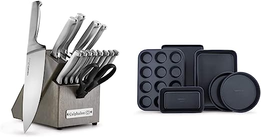 Calphalon Kitchen Knife Set with Self-Sharpening Block, 15-Piece & Nonstick Bakeware Set, 6-Piece Set Includes Baking Sheet, Cake, Muffin, and Loaf Pans, Dishwasher Safe, Black